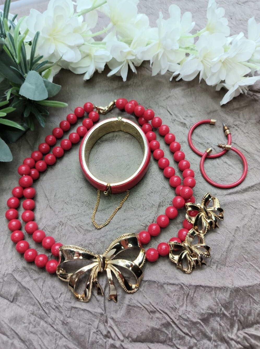 Preused Retro Red And Gold Bow Jewelry Set
